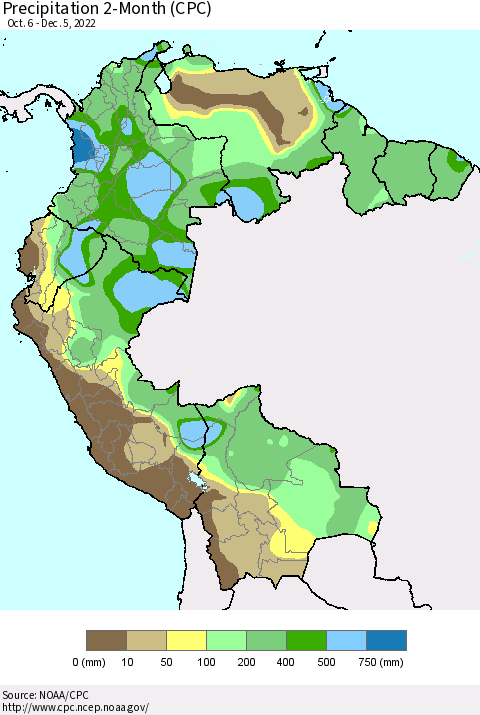 Northern South America Precipitation 2-Month (CPC) Thematic Map For 10/6/2022 - 12/5/2022