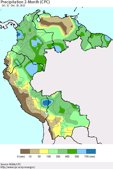 Northern South America Precipitation 2-Month (CPC) Thematic Map For 10/21/2022 - 12/20/2022