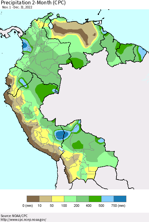 Northern South America Precipitation 2-Month (CPC) Thematic Map For 11/1/2022 - 12/31/2022