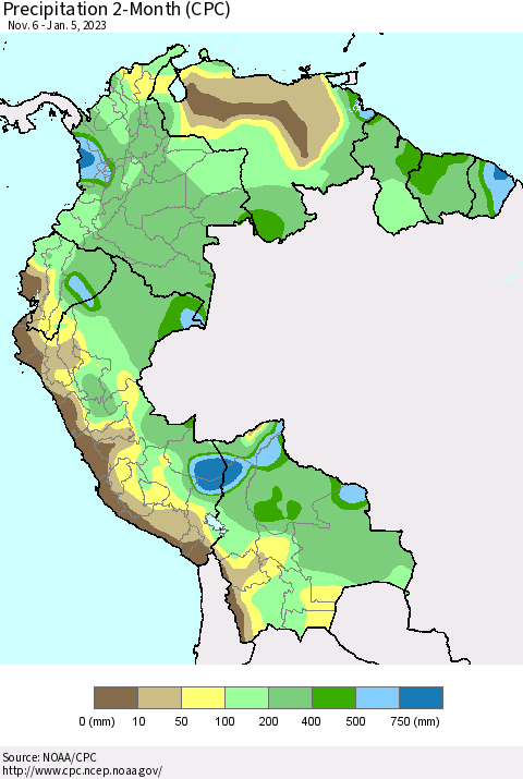 Northern South America Precipitation 2-Month (CPC) Thematic Map For 11/6/2022 - 1/5/2023