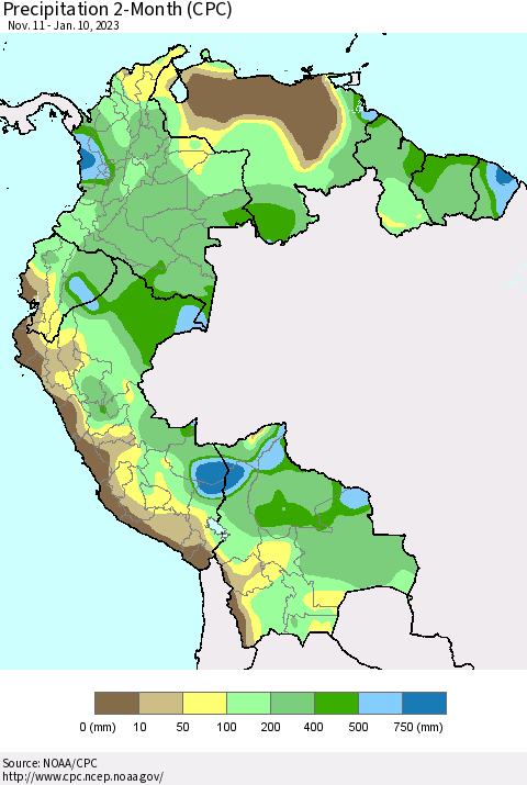 Northern South America Precipitation 2-Month (CPC) Thematic Map For 11/11/2022 - 1/10/2023