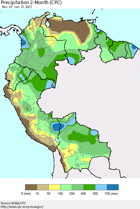 Northern South America Precipitation 2-Month (CPC) Thematic Map For 11/16/2022 - 1/15/2023