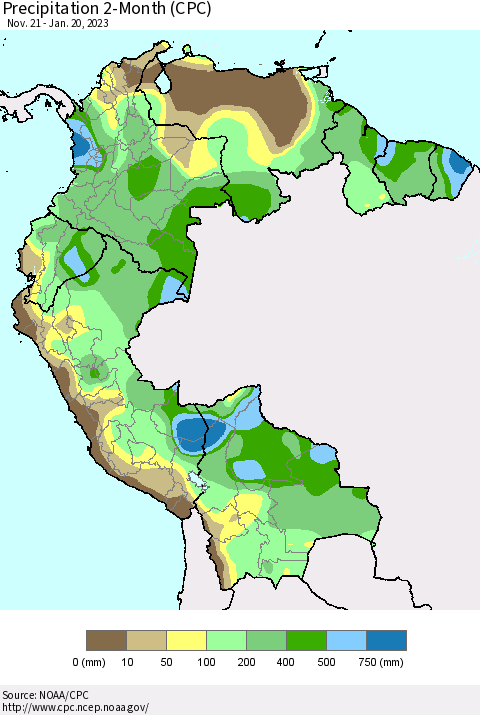Northern South America Precipitation 2-Month (CPC) Thematic Map For 11/21/2022 - 1/20/2023