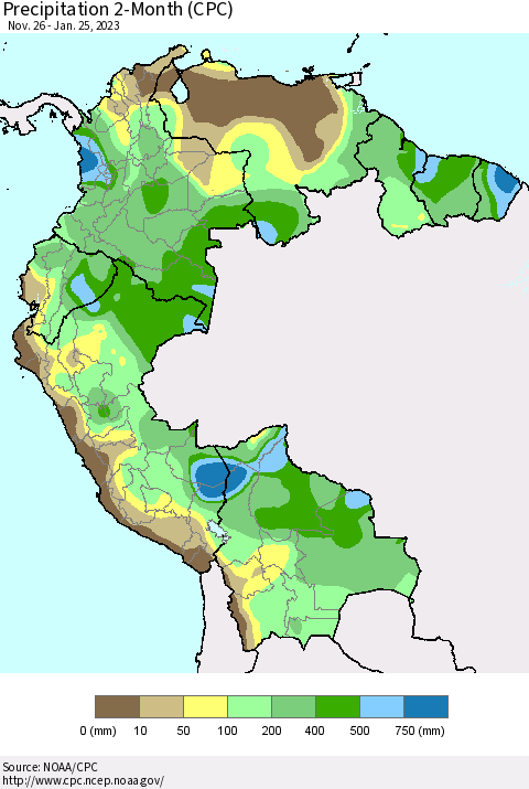 Northern South America Precipitation 2-Month (CPC) Thematic Map For 11/26/2022 - 1/25/2023