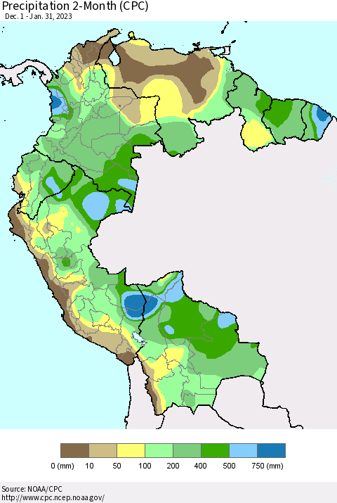 Northern South America Precipitation 2-Month (CPC) Thematic Map For 12/1/2022 - 1/31/2023