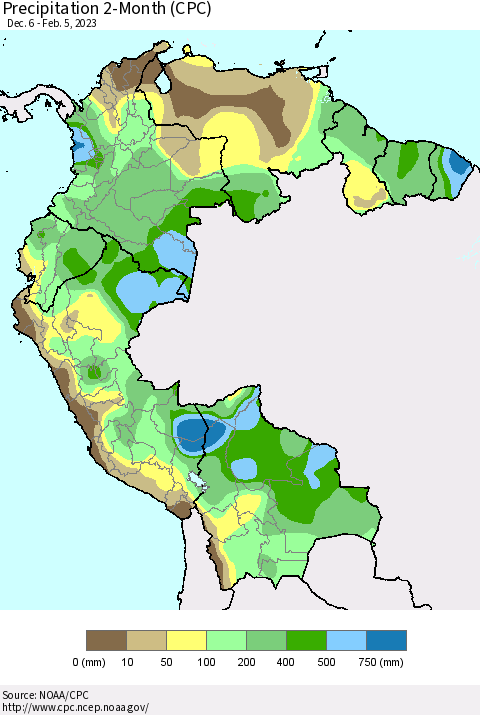Northern South America Precipitation 2-Month (CPC) Thematic Map For 12/6/2022 - 2/5/2023