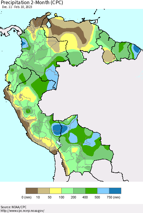 Northern South America Precipitation 2-Month (CPC) Thematic Map For 12/11/2022 - 2/10/2023