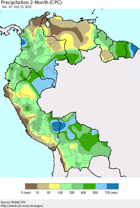 Northern South America Precipitation 2-Month (CPC) Thematic Map For 12/16/2022 - 2/15/2023