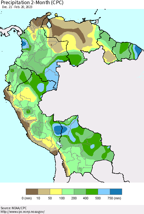 Northern South America Precipitation 2-Month (CPC) Thematic Map For 12/21/2022 - 2/20/2023