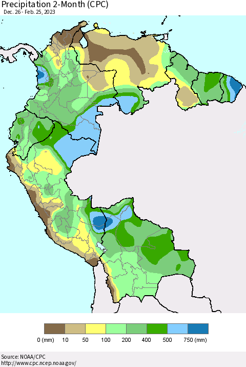 Northern South America Precipitation 2-Month (CPC) Thematic Map For 12/26/2022 - 2/25/2023