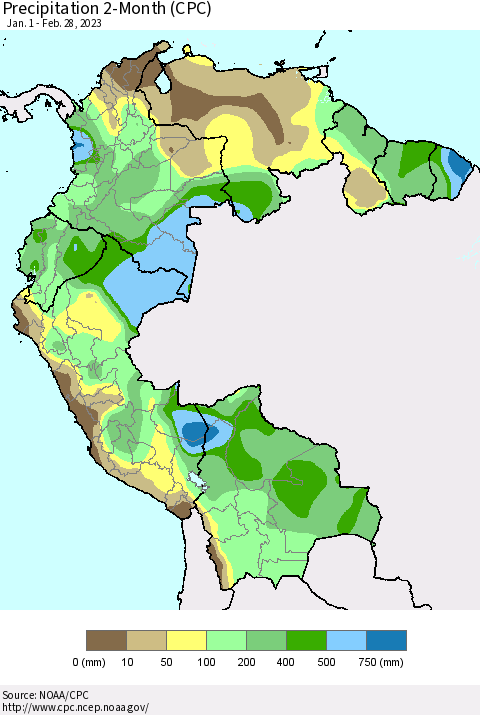 Northern South America Precipitation 2-Month (CPC) Thematic Map For 1/1/2023 - 2/28/2023