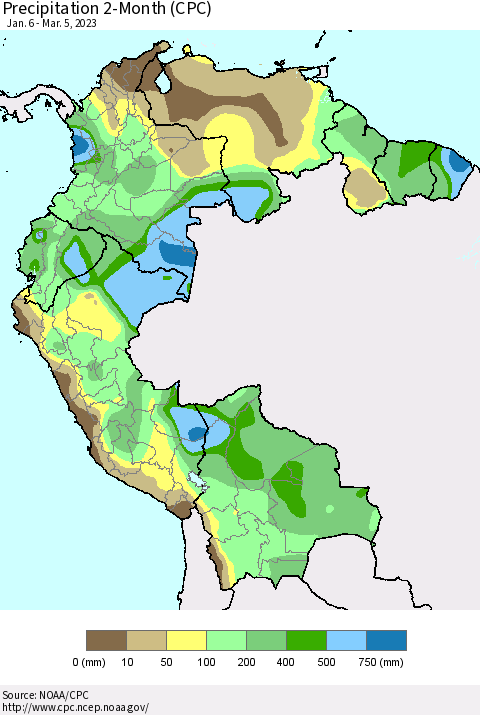 Northern South America Precipitation 2-Month (CPC) Thematic Map For 1/6/2023 - 3/5/2023