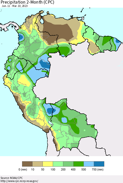 Northern South America Precipitation 2-Month (CPC) Thematic Map For 1/11/2023 - 3/10/2023