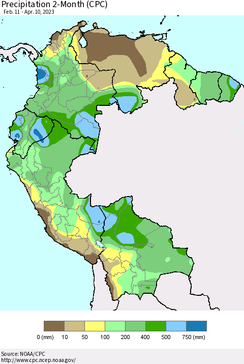 Northern South America Precipitation 2-Month (CPC) Thematic Map For 2/11/2023 - 4/10/2023