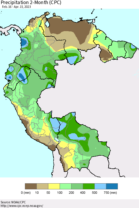 Northern South America Precipitation 2-Month (CPC) Thematic Map For 2/16/2023 - 4/15/2023