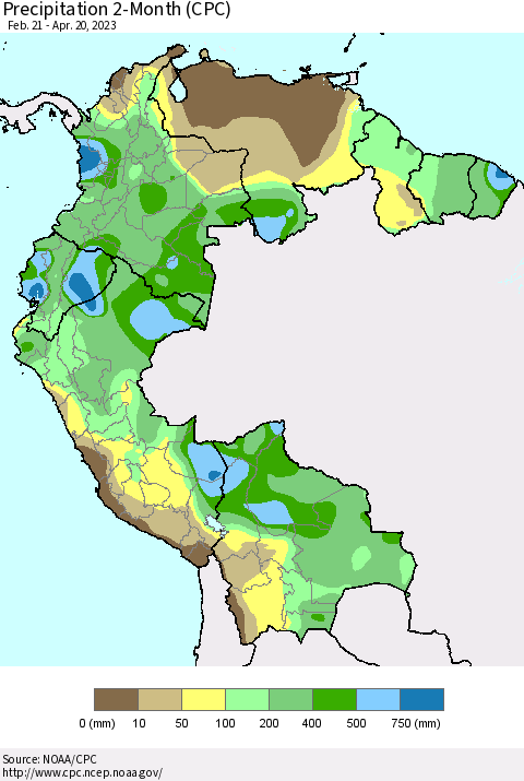 Northern South America Precipitation 2-Month (CPC) Thematic Map For 2/21/2023 - 4/20/2023