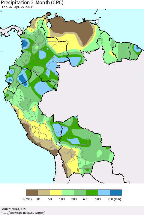 Northern South America Precipitation 2-Month (CPC) Thematic Map For 2/26/2023 - 4/25/2023