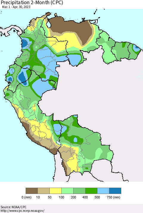 Northern South America Precipitation 2-Month (CPC) Thematic Map For 3/1/2023 - 4/30/2023