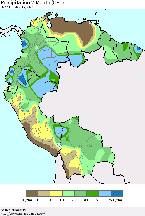 Northern South America Precipitation 2-Month (CPC) Thematic Map For 3/16/2023 - 5/15/2023