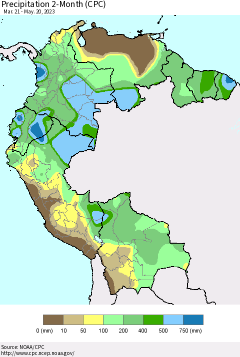 Northern South America Precipitation 2-Month (CPC) Thematic Map For 3/21/2023 - 5/20/2023