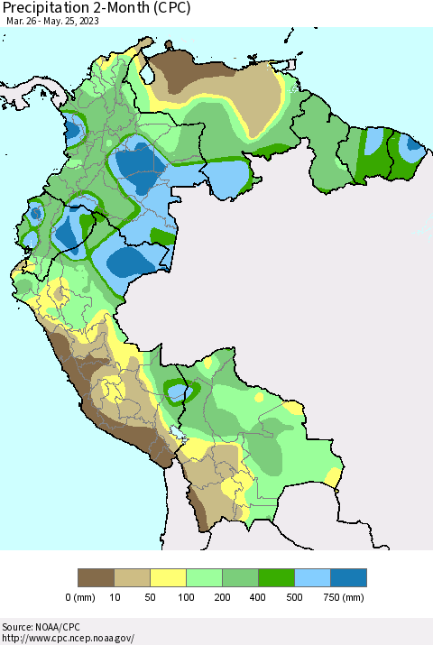 Northern South America Precipitation 2-Month (CPC) Thematic Map For 3/26/2023 - 5/25/2023