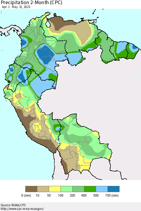 Northern South America Precipitation 2-Month (CPC) Thematic Map For 4/1/2023 - 5/31/2023