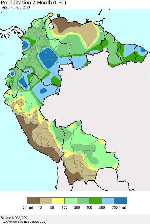 Northern South America Precipitation 2-Month (CPC) Thematic Map For 4/6/2023 - 6/5/2023