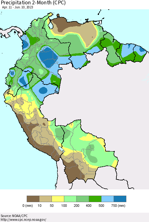 Northern South America Precipitation 2-Month (CPC) Thematic Map For 4/11/2023 - 6/10/2023