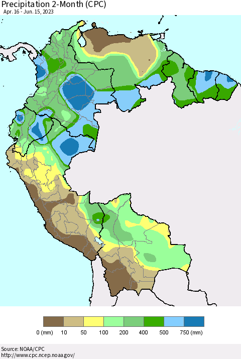 Northern South America Precipitation 2-Month (CPC) Thematic Map For 4/16/2023 - 6/15/2023