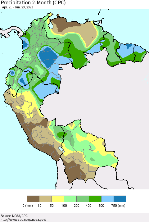 Northern South America Precipitation 2-Month (CPC) Thematic Map For 4/21/2023 - 6/20/2023