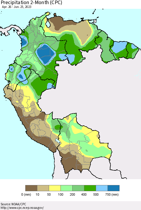 Northern South America Precipitation 2-Month (CPC) Thematic Map For 4/26/2023 - 6/25/2023