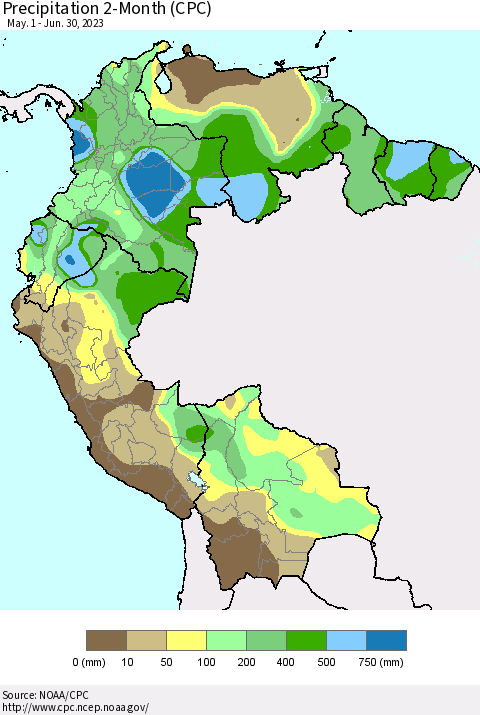 Northern South America Precipitation 2-Month (CPC) Thematic Map For 5/1/2023 - 6/30/2023