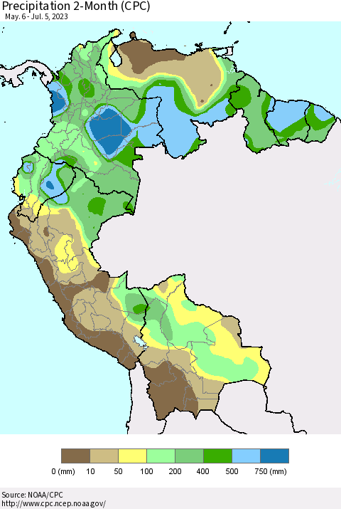Northern South America Precipitation 2-Month (CPC) Thematic Map For 5/6/2023 - 7/5/2023