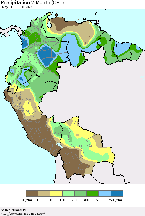 Northern South America Precipitation 2-Month (CPC) Thematic Map For 5/11/2023 - 7/10/2023