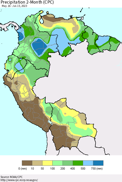 Northern South America Precipitation 2-Month (CPC) Thematic Map For 5/16/2023 - 7/15/2023