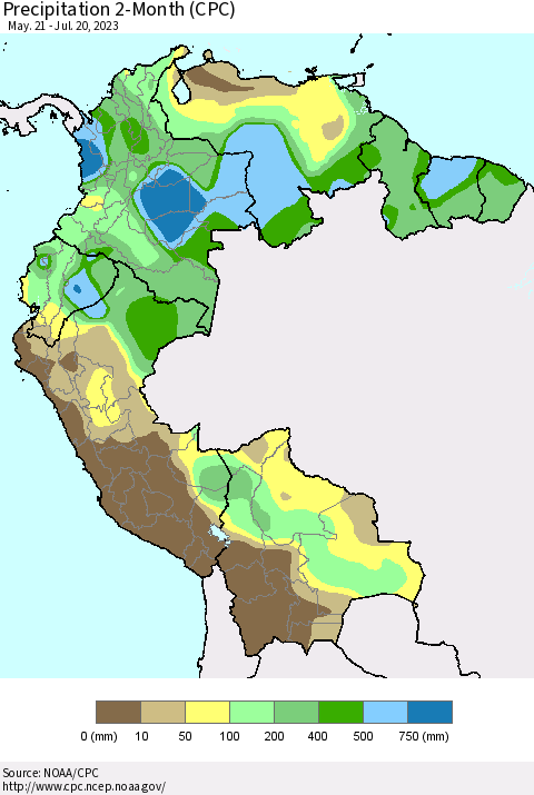 Northern South America Precipitation 2-Month (CPC) Thematic Map For 5/21/2023 - 7/20/2023
