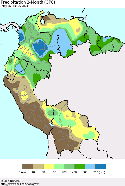 Northern South America Precipitation 2-Month (CPC) Thematic Map For 5/26/2023 - 7/25/2023