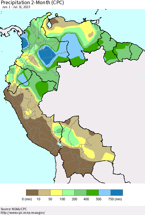Northern South America Precipitation 2-Month (CPC) Thematic Map For 6/1/2023 - 7/31/2023