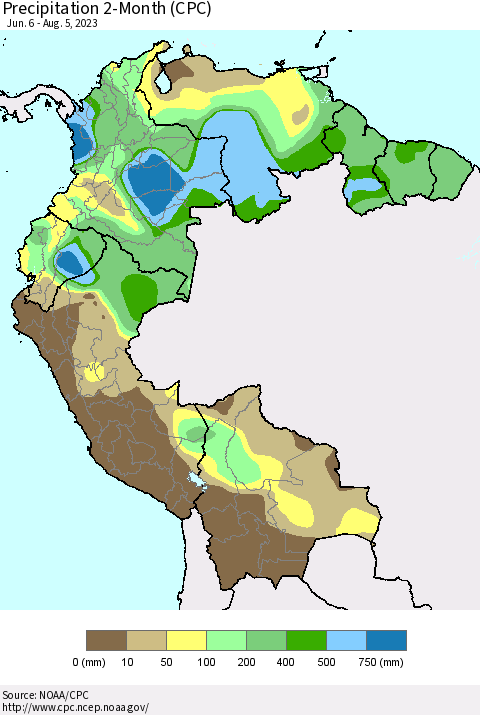 Northern South America Precipitation 2-Month (CPC) Thematic Map For 6/6/2023 - 8/5/2023