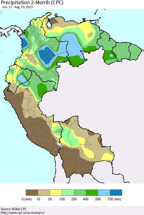 Northern South America Precipitation 2-Month (CPC) Thematic Map For 6/11/2023 - 8/10/2023