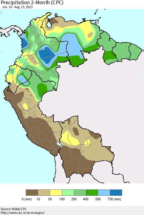 Northern South America Precipitation 2-Month (CPC) Thematic Map For 6/16/2023 - 8/15/2023