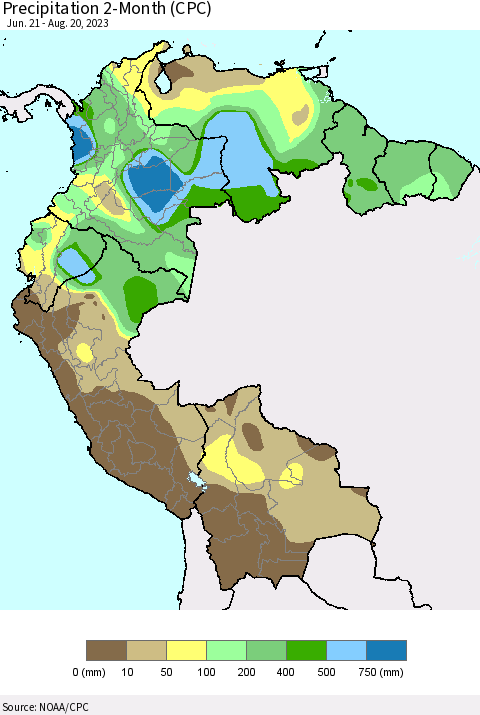 Northern South America Precipitation 2-Month (CPC) Thematic Map For 6/21/2023 - 8/20/2023