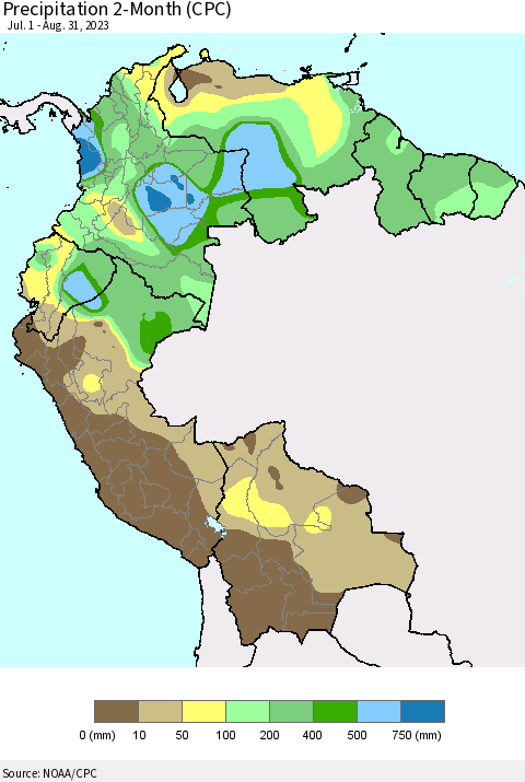 Northern South America Precipitation 2-Month (CPC) Thematic Map For 7/1/2023 - 8/31/2023