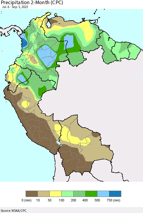 Northern South America Precipitation 2-Month (CPC) Thematic Map For 7/6/2023 - 9/5/2023