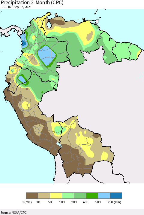 Northern South America Precipitation 2-Month (CPC) Thematic Map For 7/16/2023 - 9/15/2023