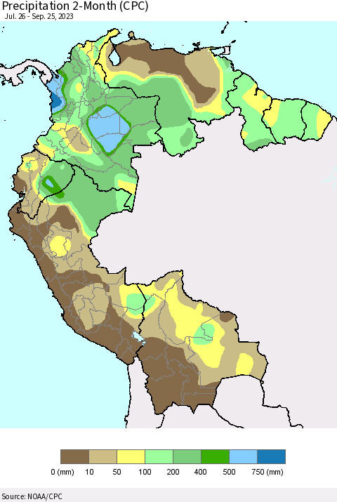 Northern South America Precipitation 2-Month (CPC) Thematic Map For 7/26/2023 - 9/25/2023