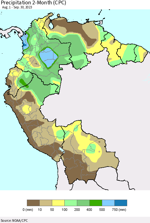 Northern South America Precipitation 2-Month (CPC) Thematic Map For 8/1/2023 - 9/30/2023