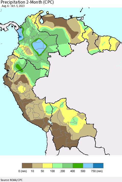 Northern South America Precipitation 2-Month (CPC) Thematic Map For 8/6/2023 - 10/5/2023