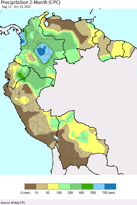 Northern South America Precipitation 2-Month (CPC) Thematic Map For 8/11/2023 - 10/10/2023