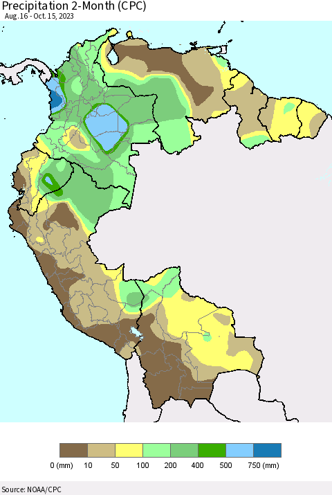 Northern South America Precipitation 2-Month (CPC) Thematic Map For 8/16/2023 - 10/15/2023